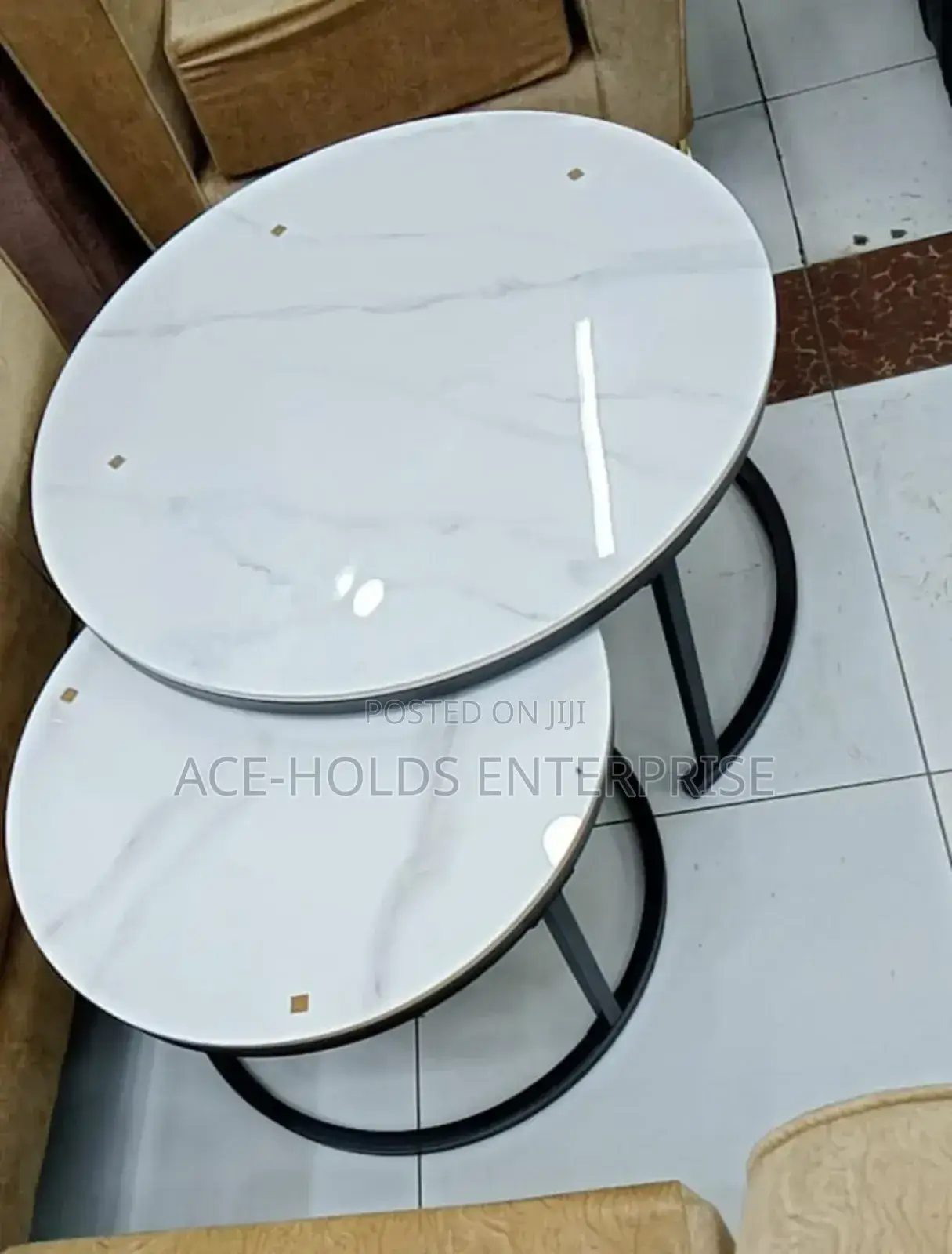2 in 1 Pure Marble Nesting Coffee Table (Black Stand) - White