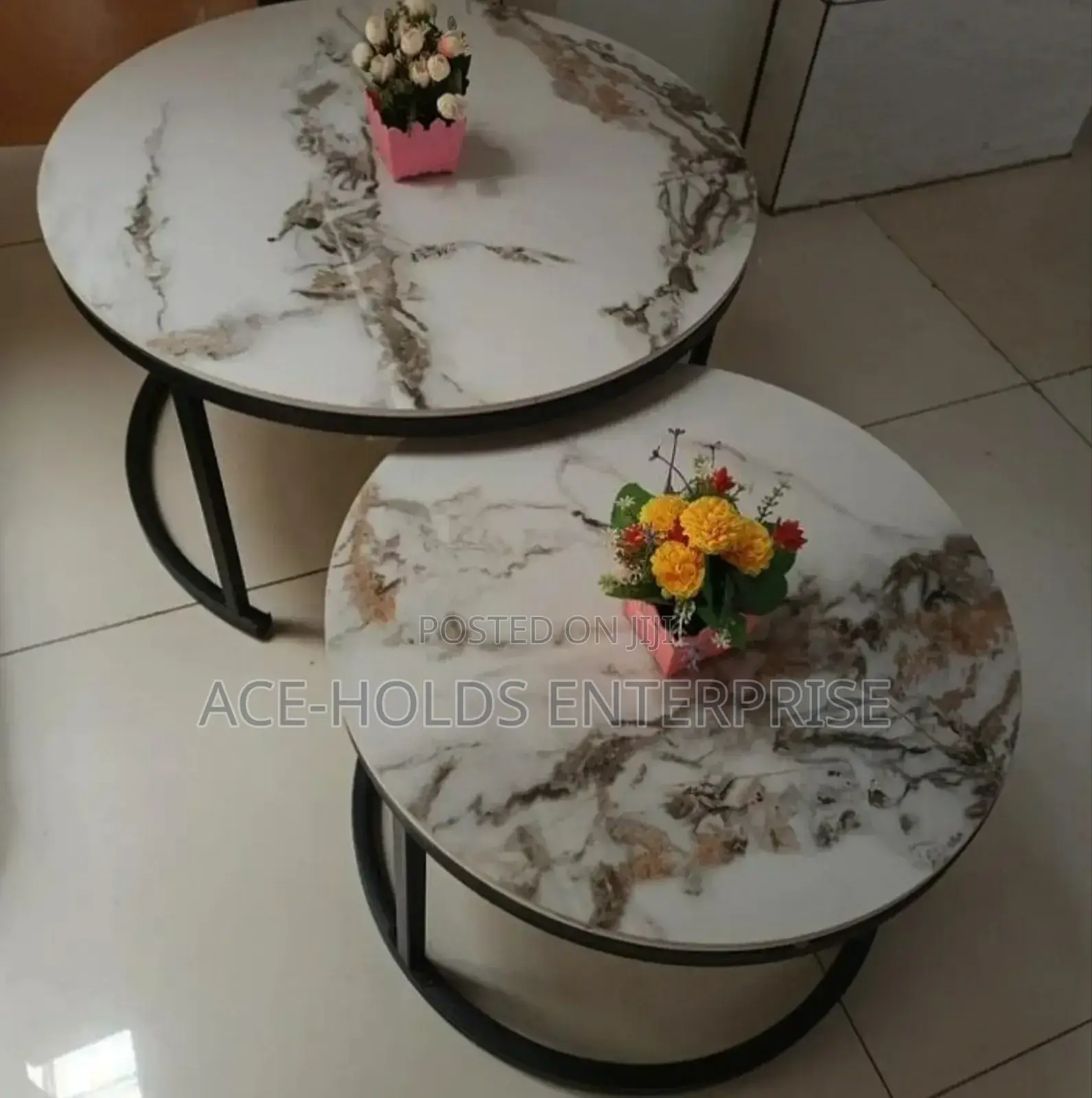 Big Modern Luxury Pure Marble Top Nesting Coffee Tables - Black Stand