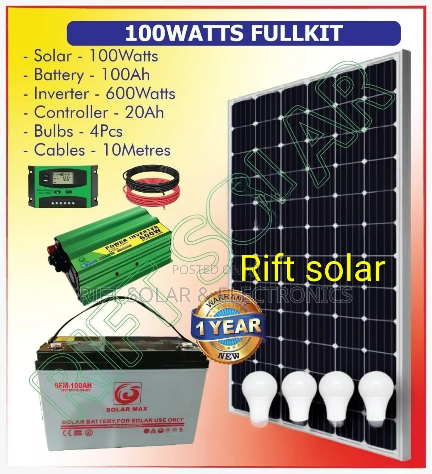 Boma 100w Solar Panel - 100ah Gel Battery - 300w - 600 Inverter Kit