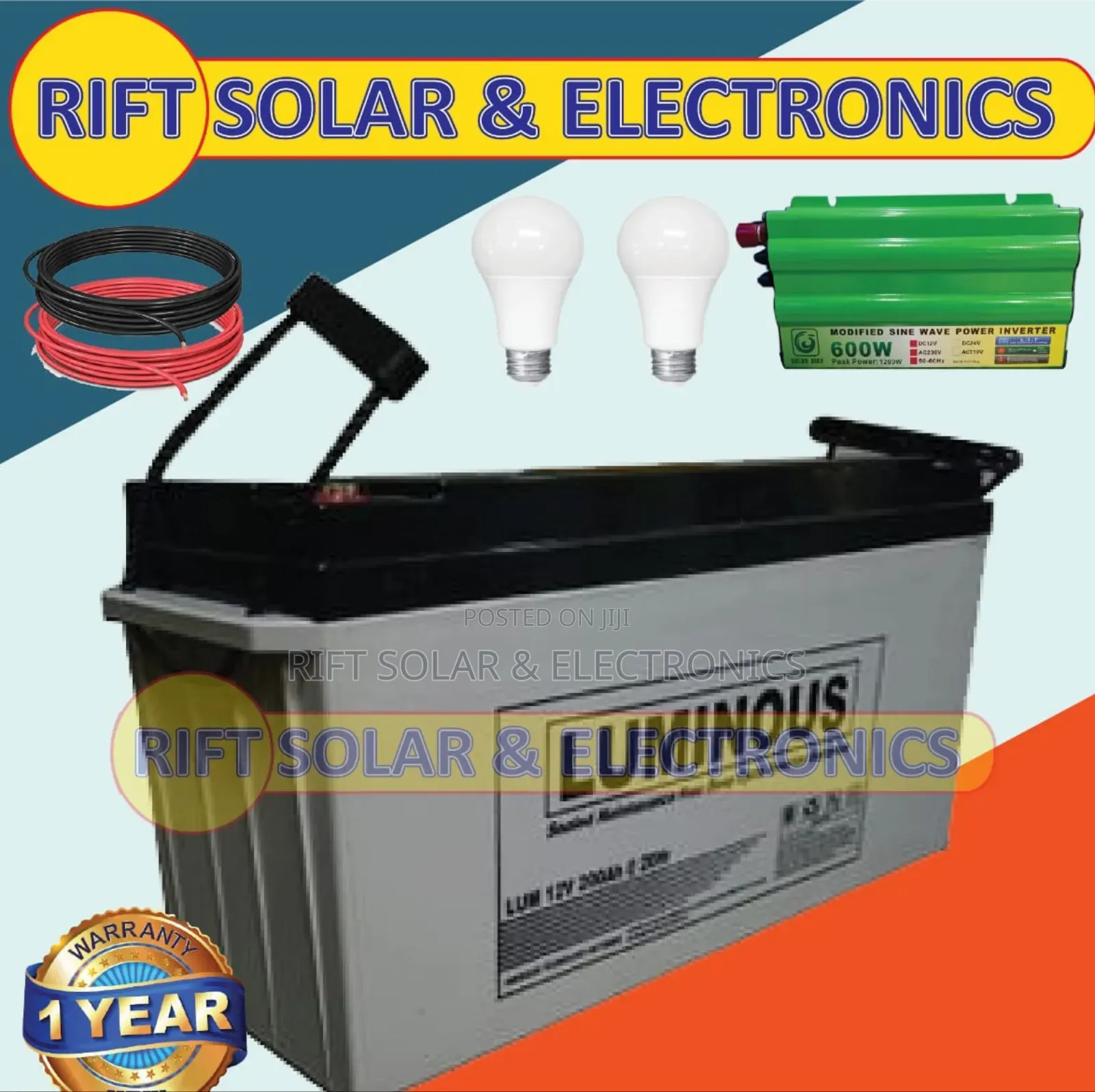 Luminous 200ah - 12v Solar Battery .- 600w Solar Inverter - 10m Cable