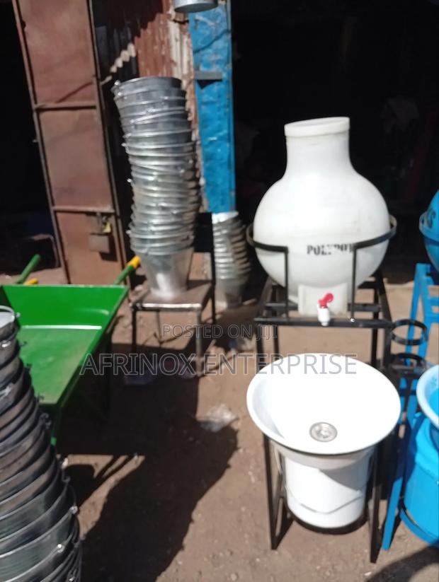 White Hand Washing Station With Metallic Stand - main view