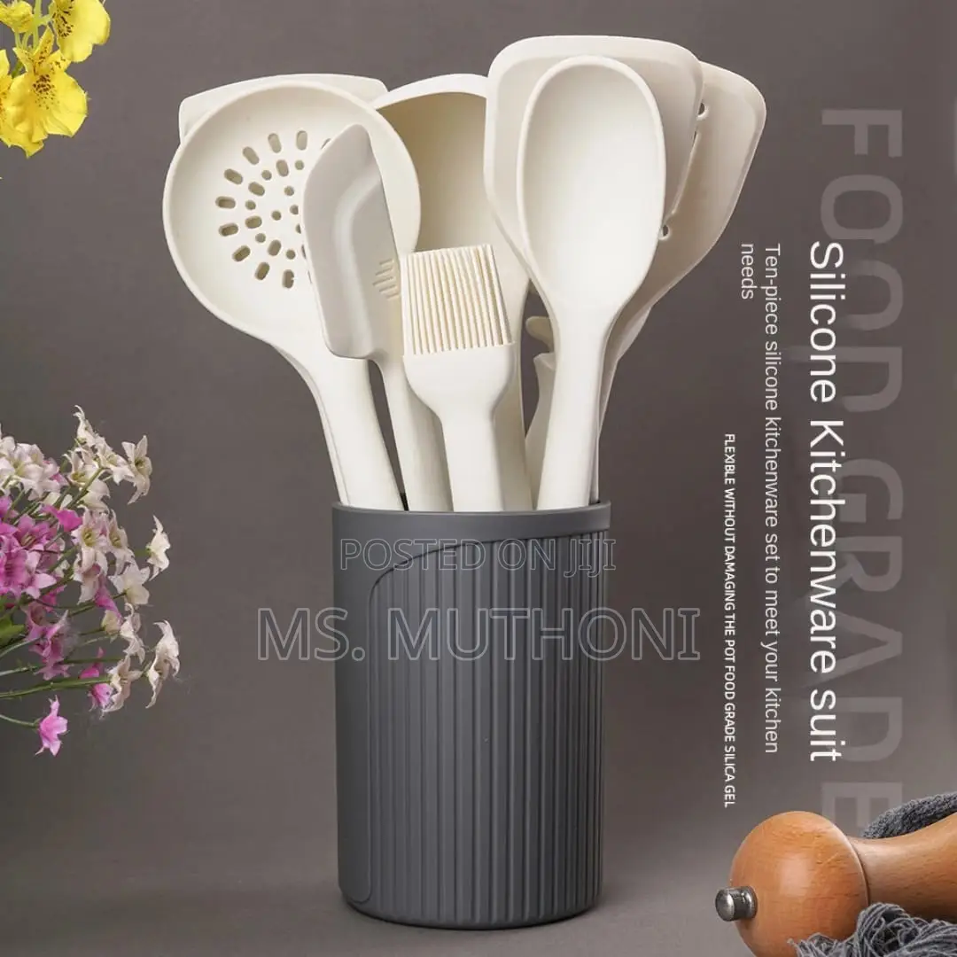 Ten-Piece Silicone Kitchen Utensil Set With a Holder.