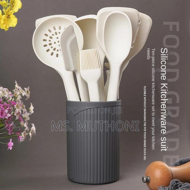 Ten-Piece Silicone Kitchen Utensil Set With a Holder.