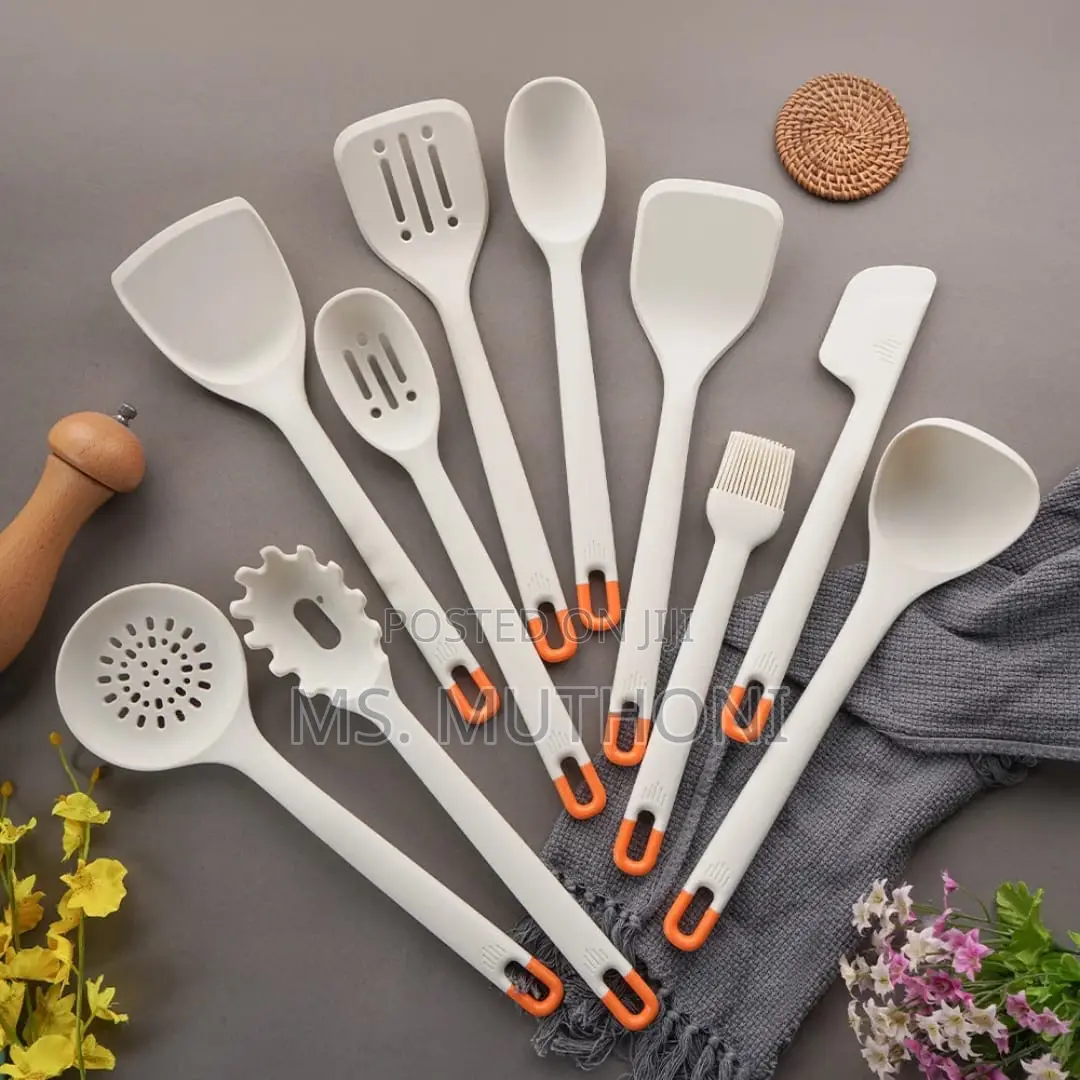 Ten-Piece Silicone Kitchen Utensil Set With a Holder.