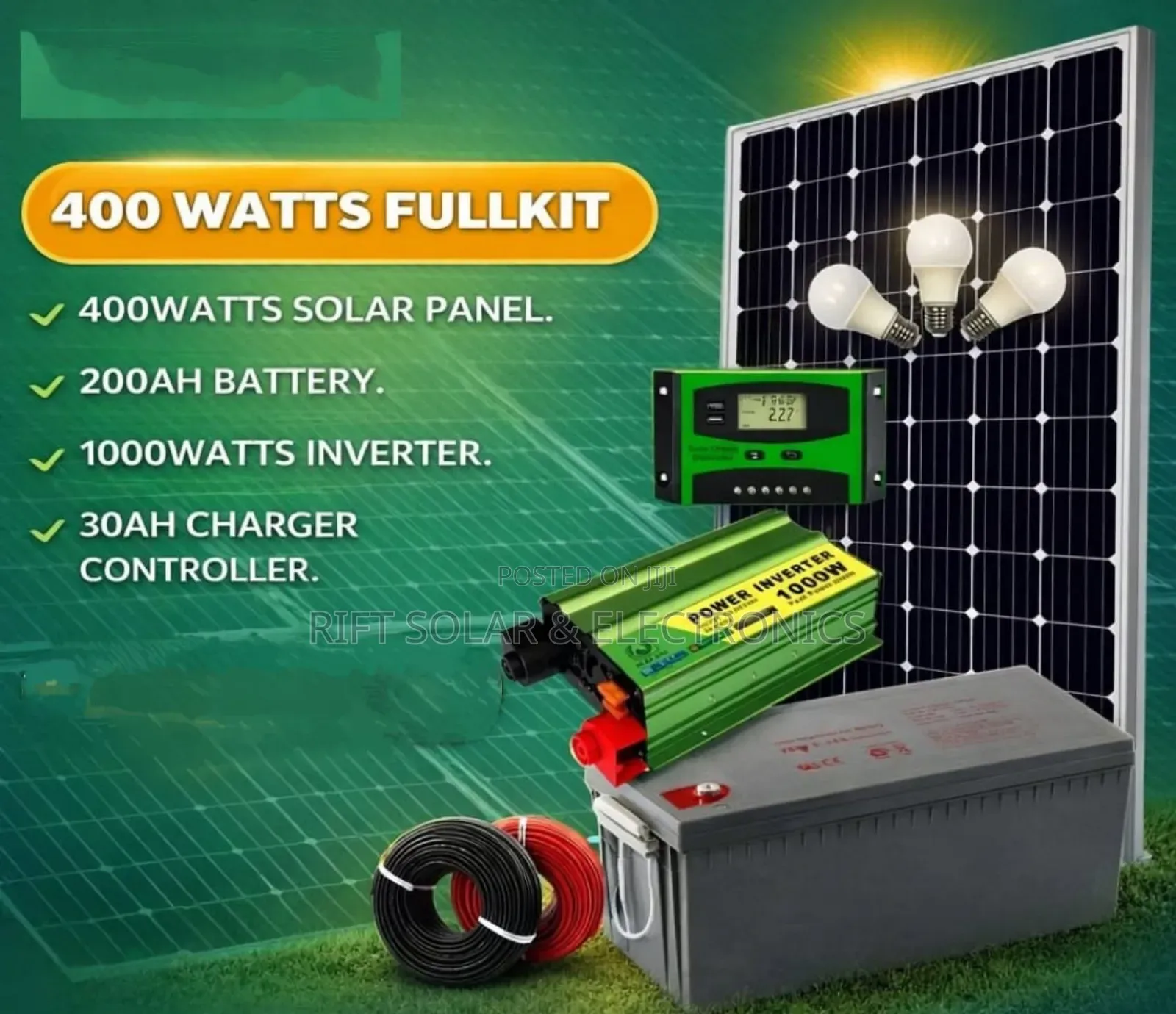 Top Quality 400 Watts Solar - 200ah Battery Gel - 1000 Watts Inverter