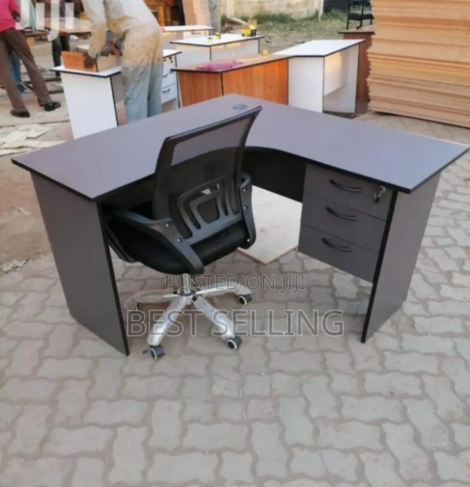 Dark L Shape Office Desk and Mesh Chair