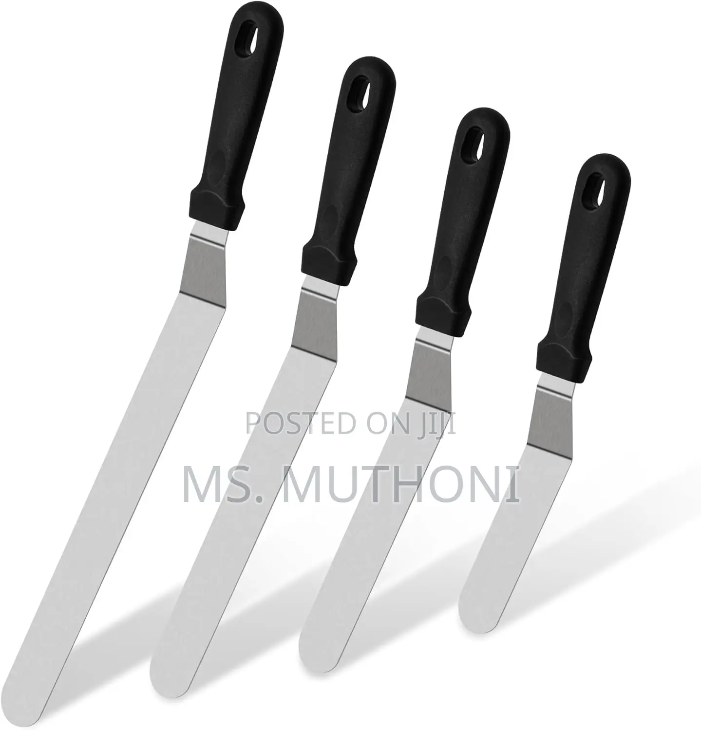 Stainless Steel Cake Spatulas With Black Handles.