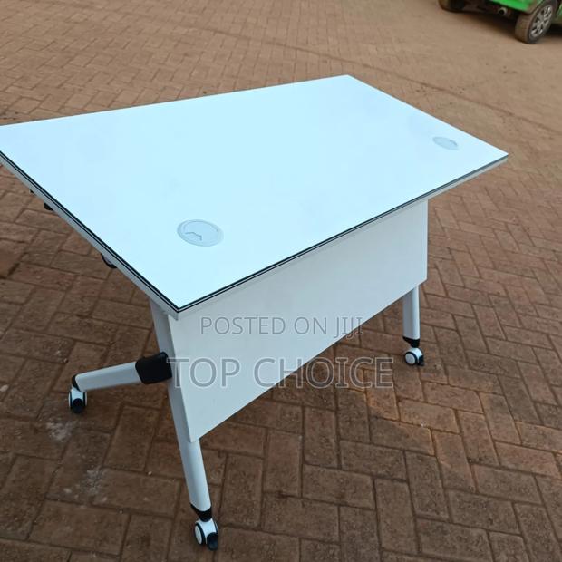 Modern White Office Desk on Wheels With Cable - main view