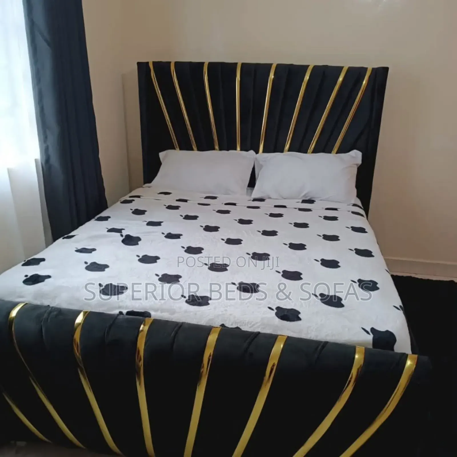 Upholstered Bed With Gold Accents