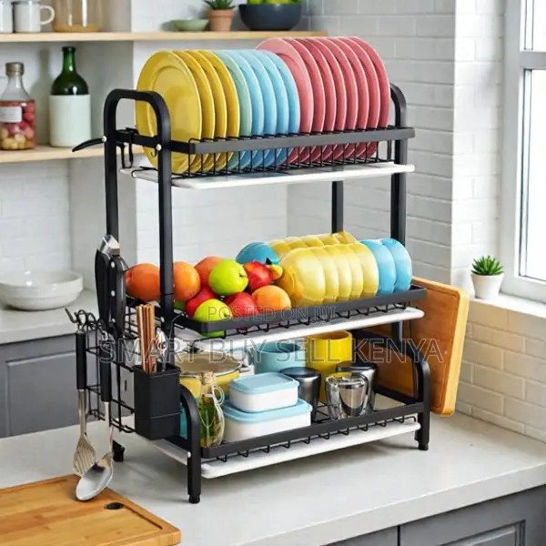 Compact 3 Tier Kitchen Dish Rack for Plate Bowl Cutlery Storage