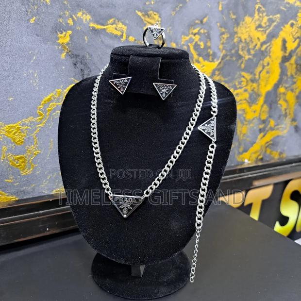 Prada Silver Jewelry Gift Set Necklace Earrings Bracelet Earrings