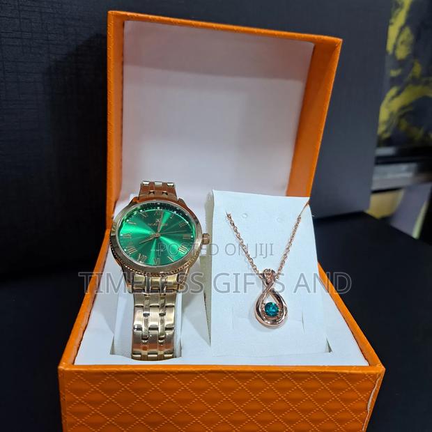 Naviforce Rosegold Green Watch Necklace Gift Set