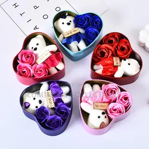 Valentine Gift Idea. Gift Box With 3 Flowers, 1 Teddy