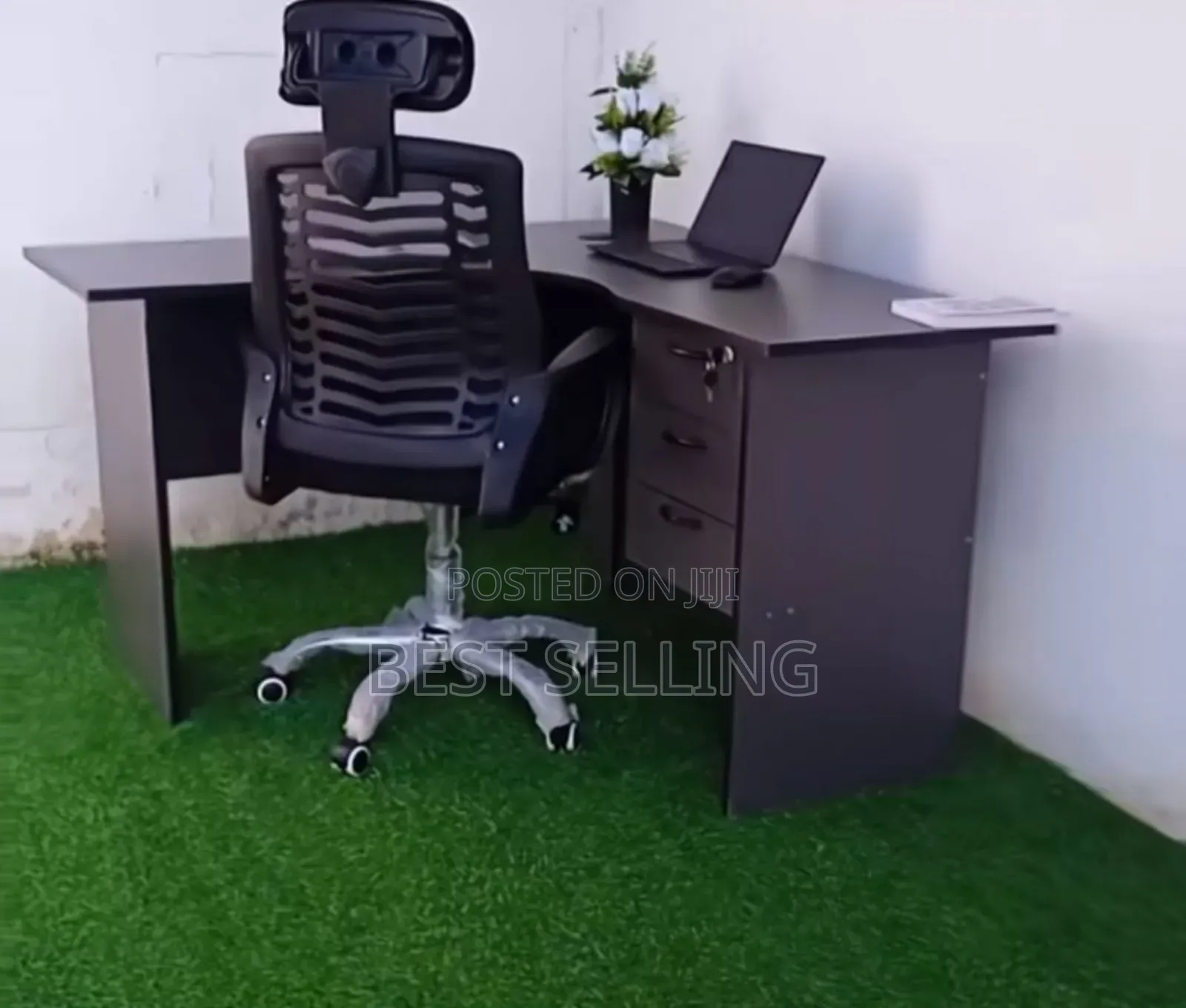 Grey L Shape Office Desk and Headrest Chair
