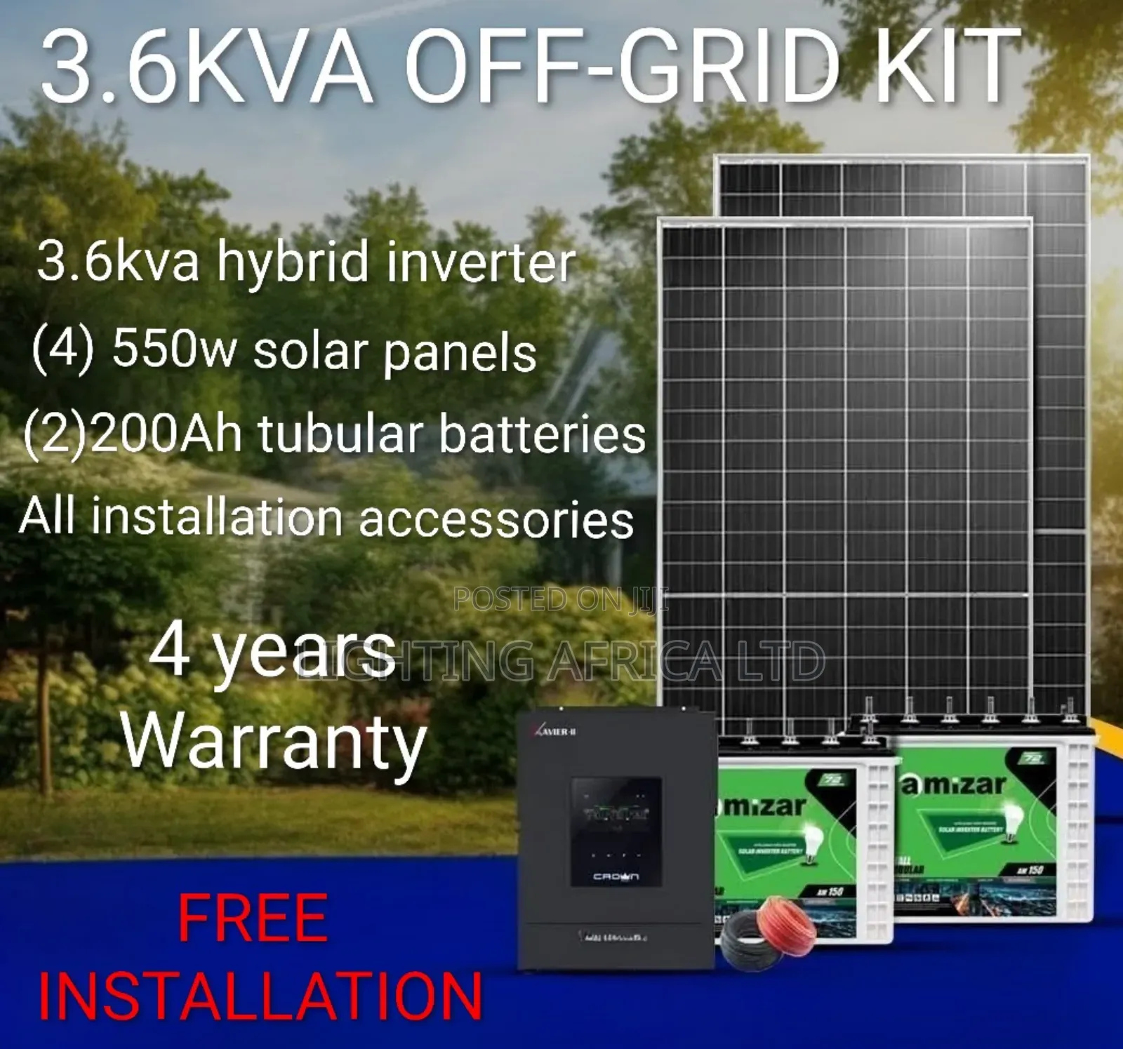 3.6kva Off-Grid - (4)550w Solar Panels -(2)200ah Tubular Batteries Kit