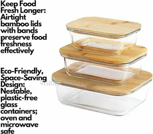 3pcs Glass Bowl Storage Containers With Bamboo Lid