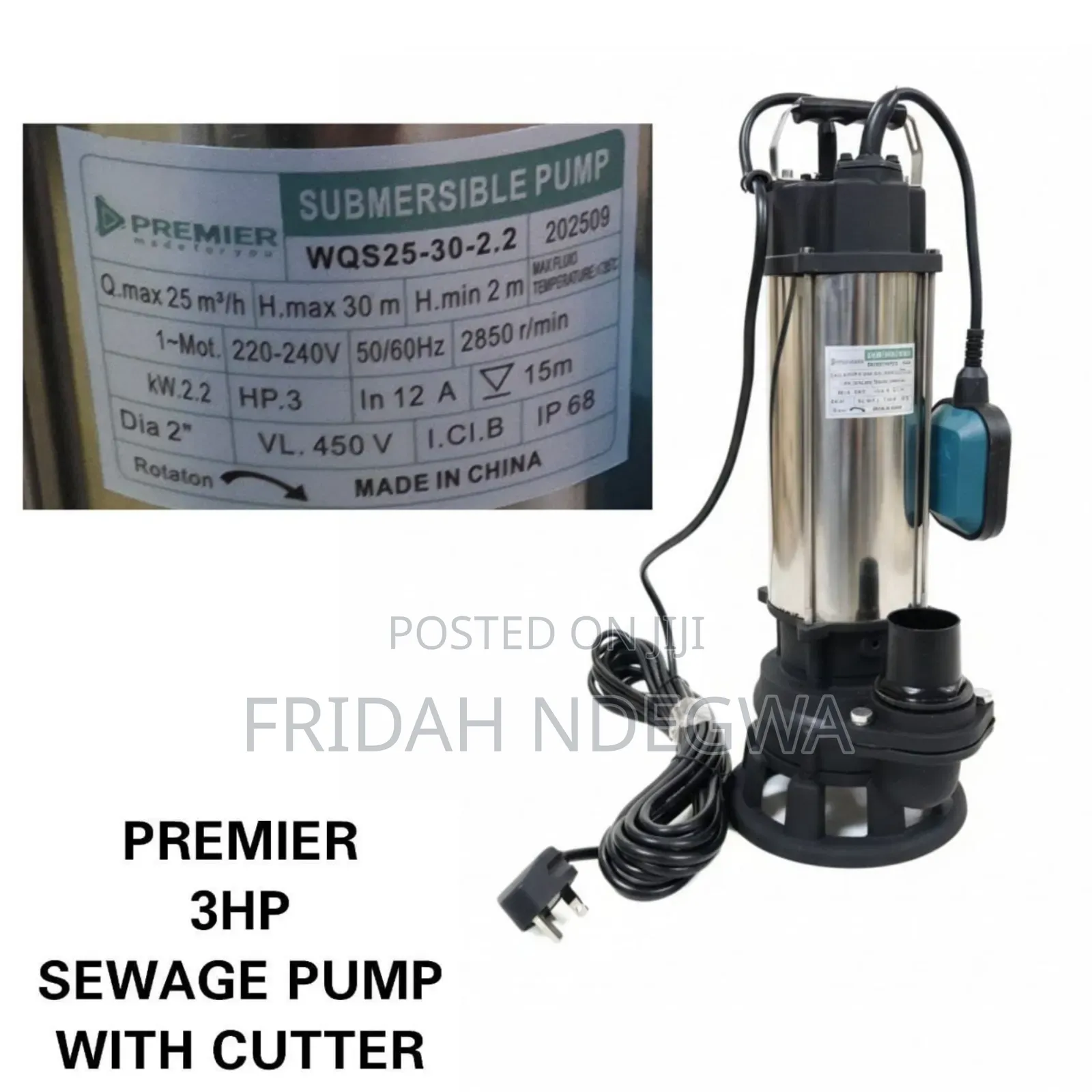 Premier 3hp Sewage Pump With Cutter