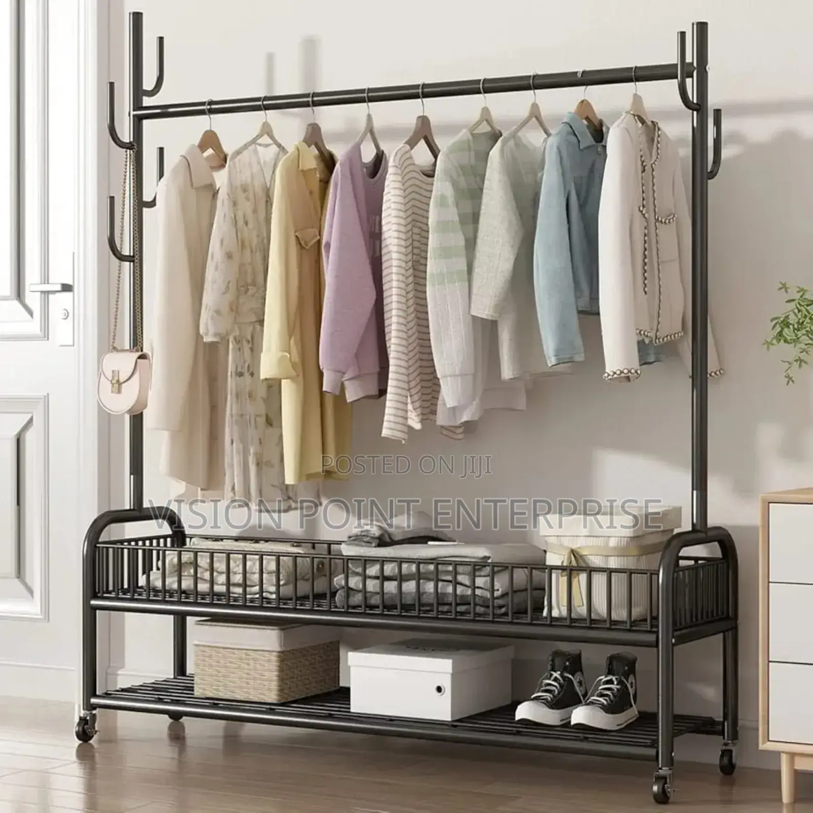 *Sturdy Clothes Rack With Storage Basket