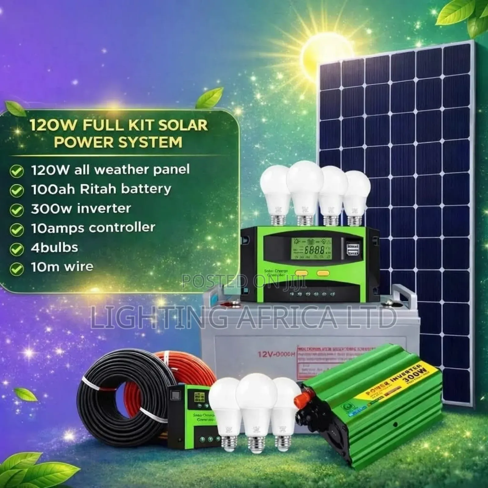 120w Solar -100ah Battery - 300w Inverter - 10a Controller Package