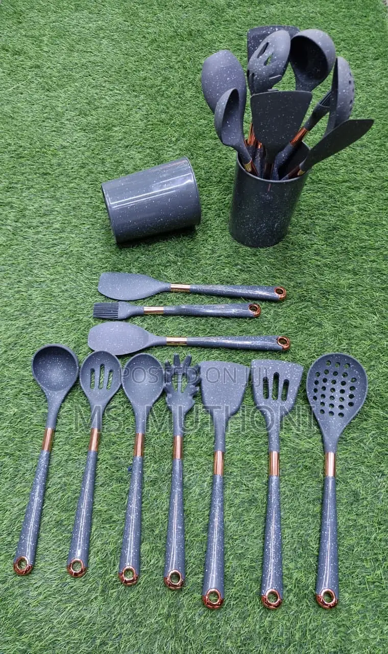Black / Gray Silicone Kitchen Utensil Set With a Speckled Design