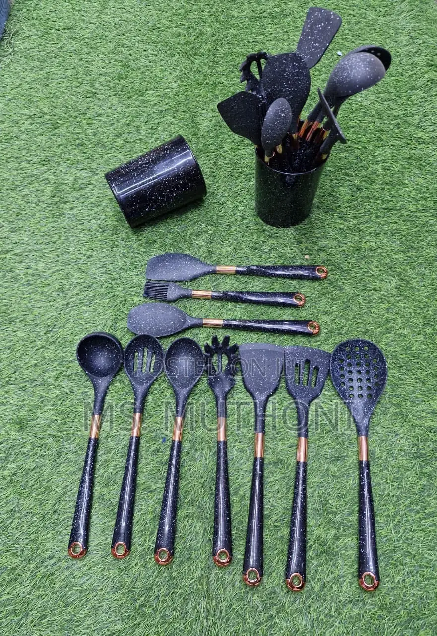Black / Gray Silicone Kitchen Utensil Set With a Speckled Design