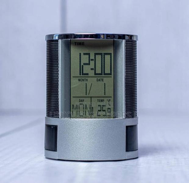 Mettalic Mesh Pen Holder With A Digital Clock