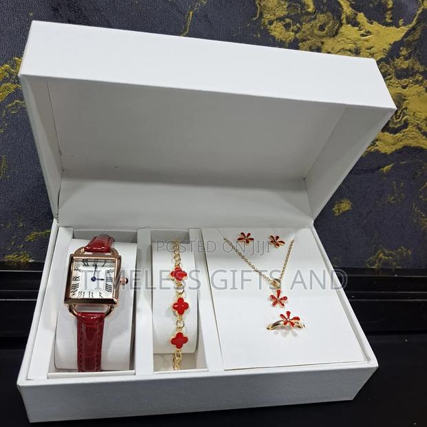 Red Leather Watch Jewelry Gift Set Bracelet Necklace Earrings Ring