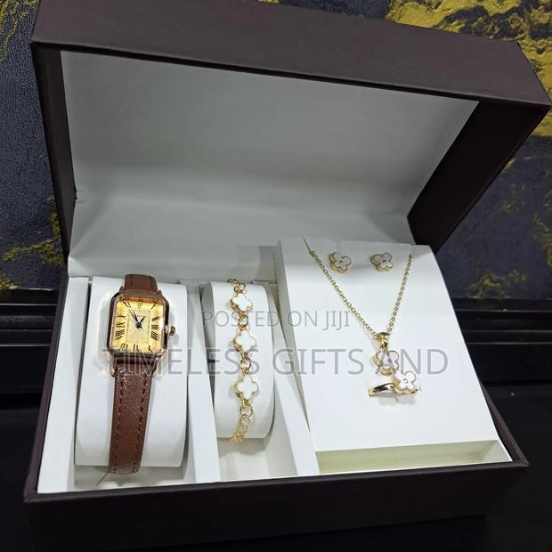Brown Leather Lucky Fox Watch Bracelet Necklace Earrings Ring Gift Set