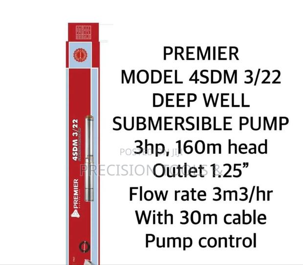 Premier Deep Well Submersible Pump 3hp 160m 3m3/Hr With 30m Cable