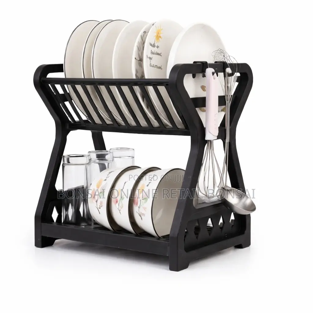 Double Layer Kitchen Dish Drying Rack With Drain Storage Black