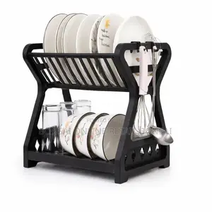 Double Layer Kitchen Dish Drying Rack With Drain Storage Black