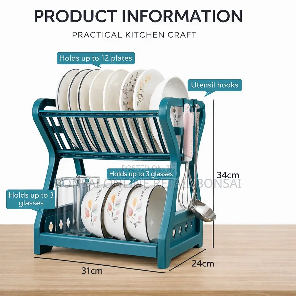 Double Layer Kitchen Dish Drying Rack With Drain Storage Black