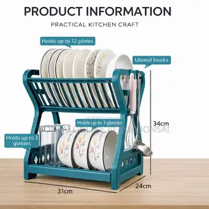 Double Layer Kitchen Dish Drying Rack With Drain Storage Black
