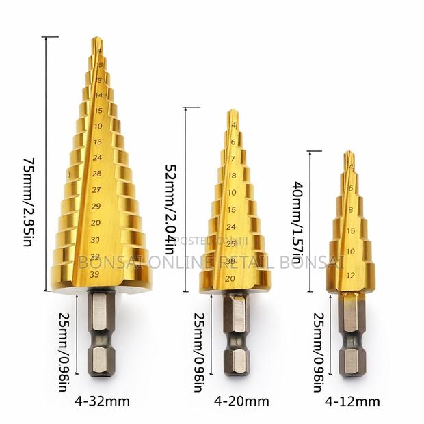 HSS Titanium Step Cone Drill Bits 3pcs 4–12/20/32mm Hex Shank - thumbnail 2