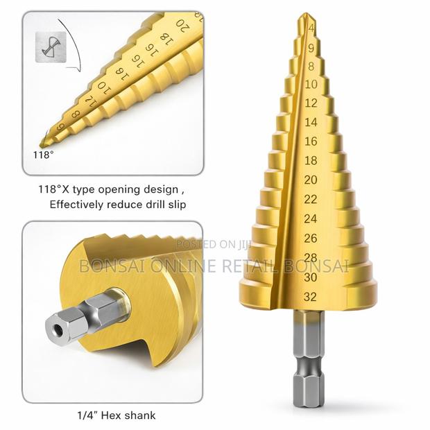 HSS Titanium Step Cone Drill Bits 3pcs 4–12/20/32mm Hex Shank - thumbnail 3