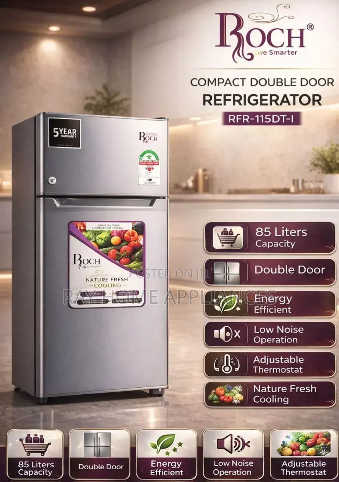 90 Litres Roch Double Door RFR-115 Dt-1 Refrigerator