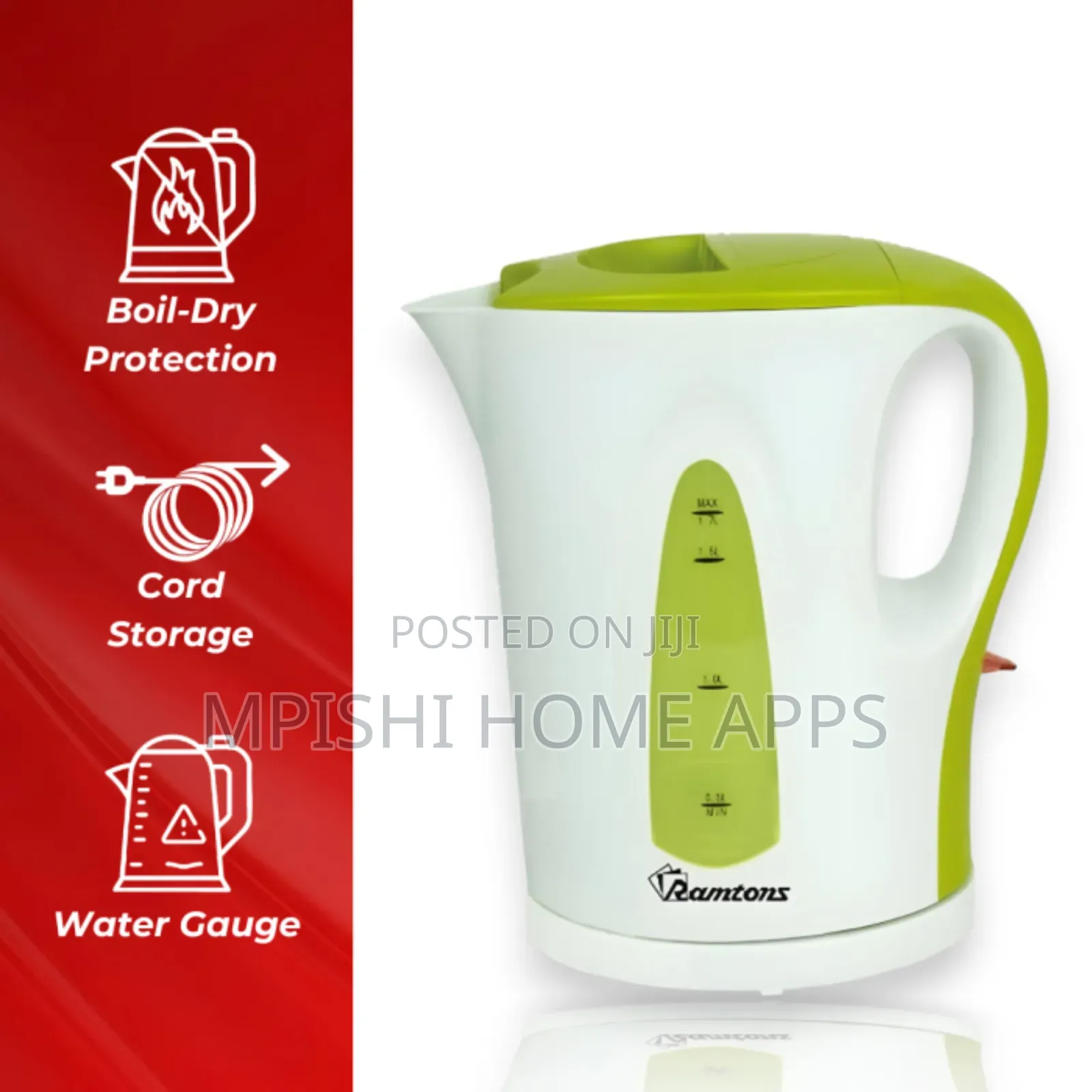 Cordless Electric Kettle 1.7 Liters White and Green- Rm/349