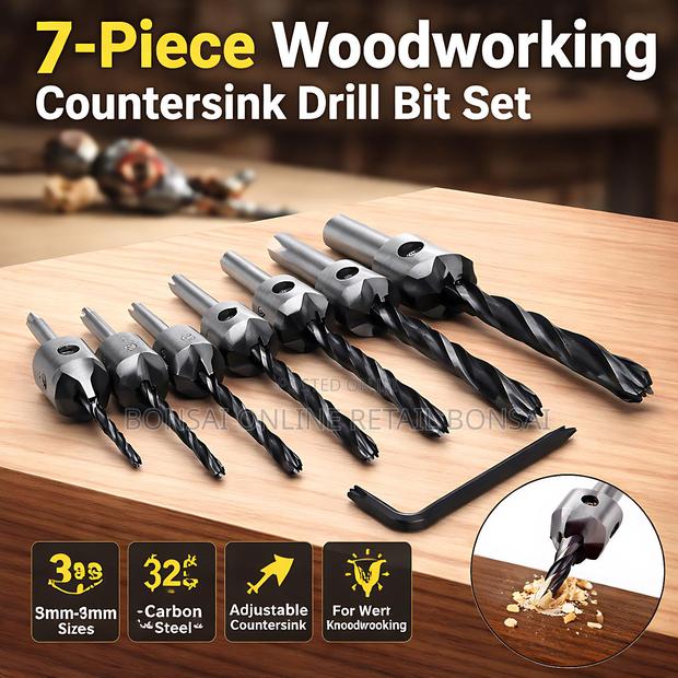 7pcs Wood Countersink Drill Bit Set With Adjustable Stop Collar - main view