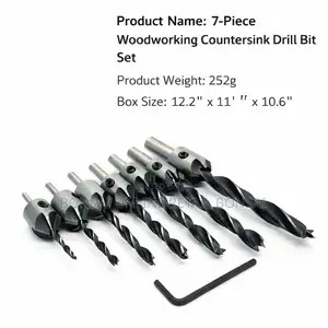 7pcs Wood Countersink Drill Bit Set With Adjustable Stop Collar