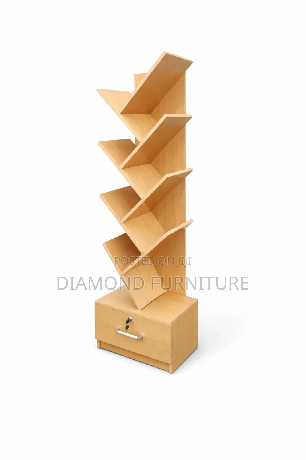 Modern Zigzag Bookshelf With Lockable Drawer | Wooden Display Shelf