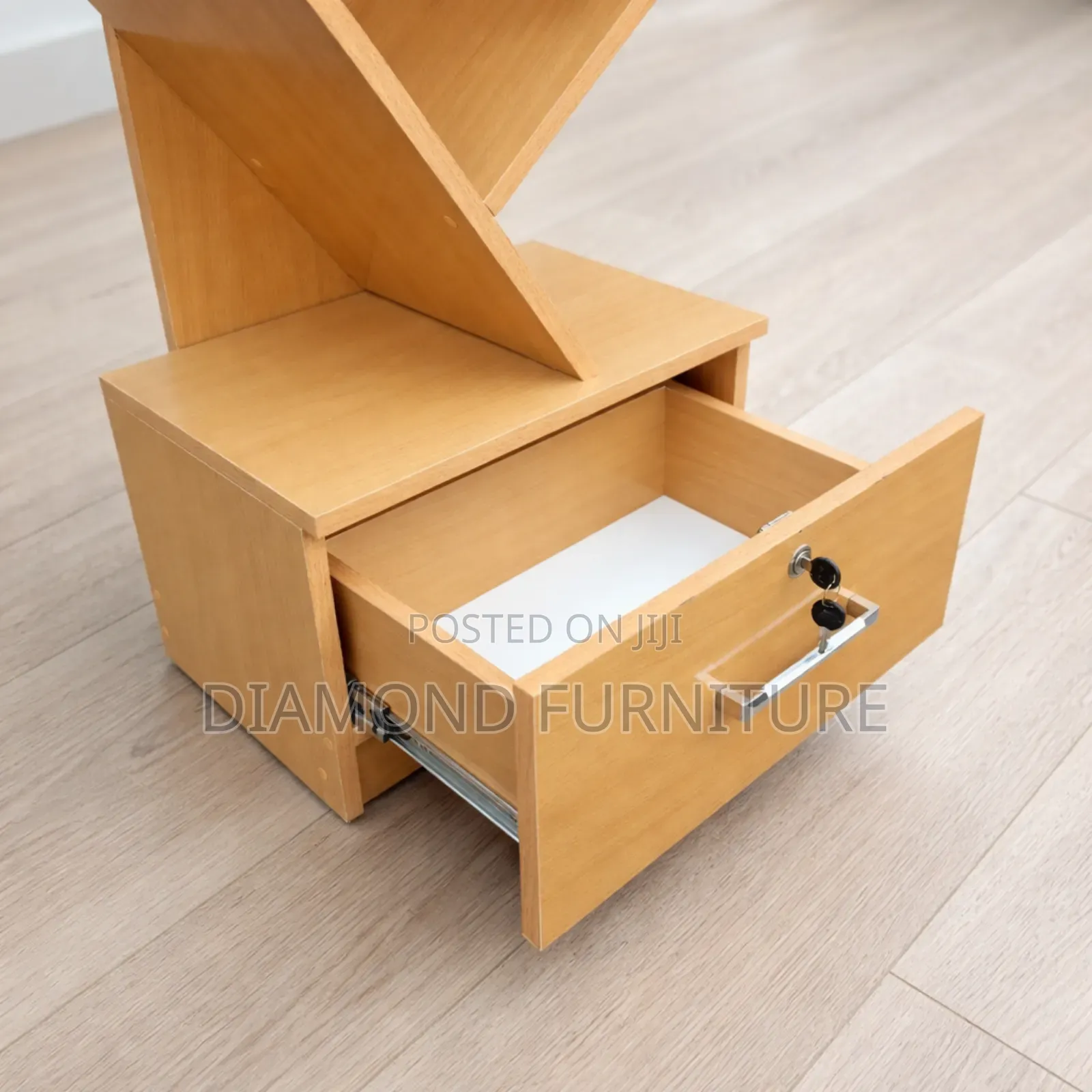 Modern Zigzag Bookshelf With Lockable Drawer | Wooden Display Shelf