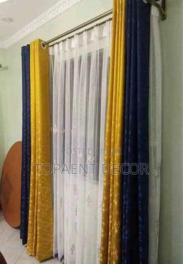 Blue And Yellow Living Room Window Curtains And White Sheers