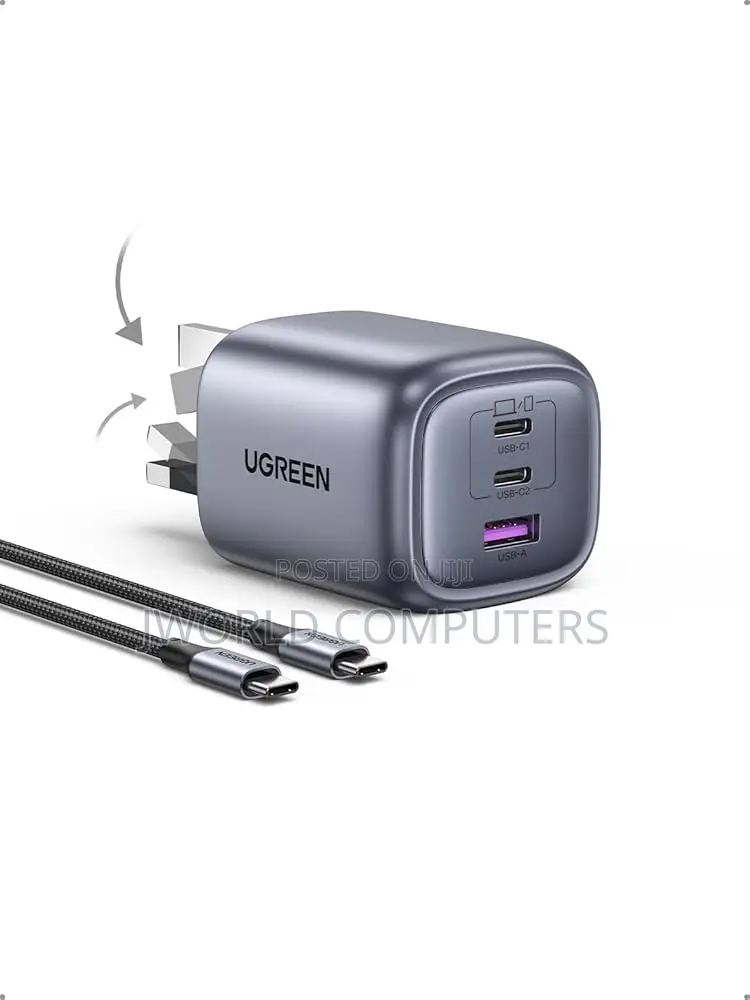 Ugreen 65w 3-Port Gan Fast Charger With Interchangeable Uk/Us/Eu