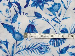 100% Cotton Fabric - White Navy Blue Florals