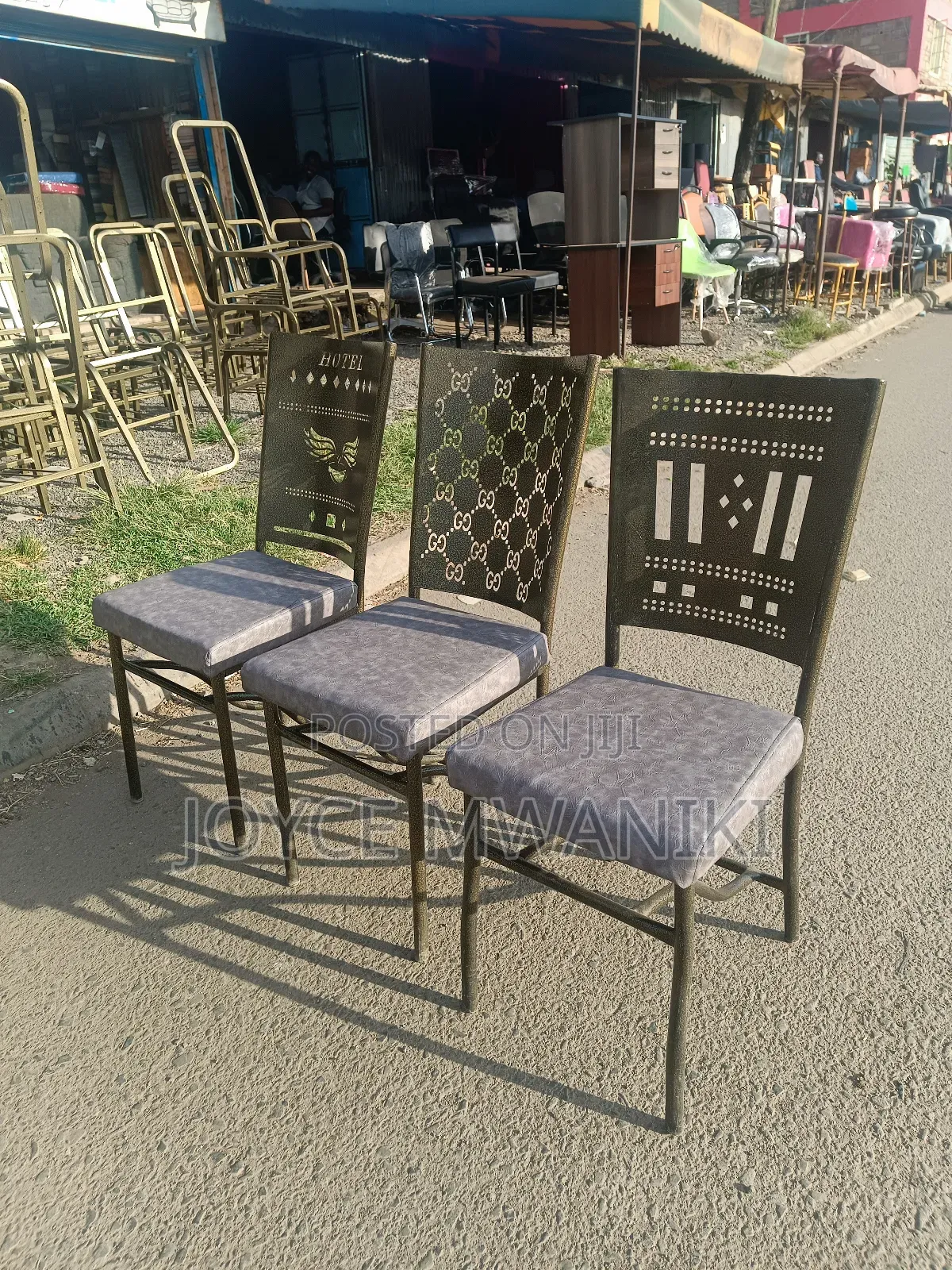 Hotel or Restaurant Chairs, Powder Coated Antique Gold, Grey Cushions