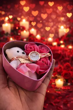 Romantic Gift Set With Teddy, Flowers and a Watch