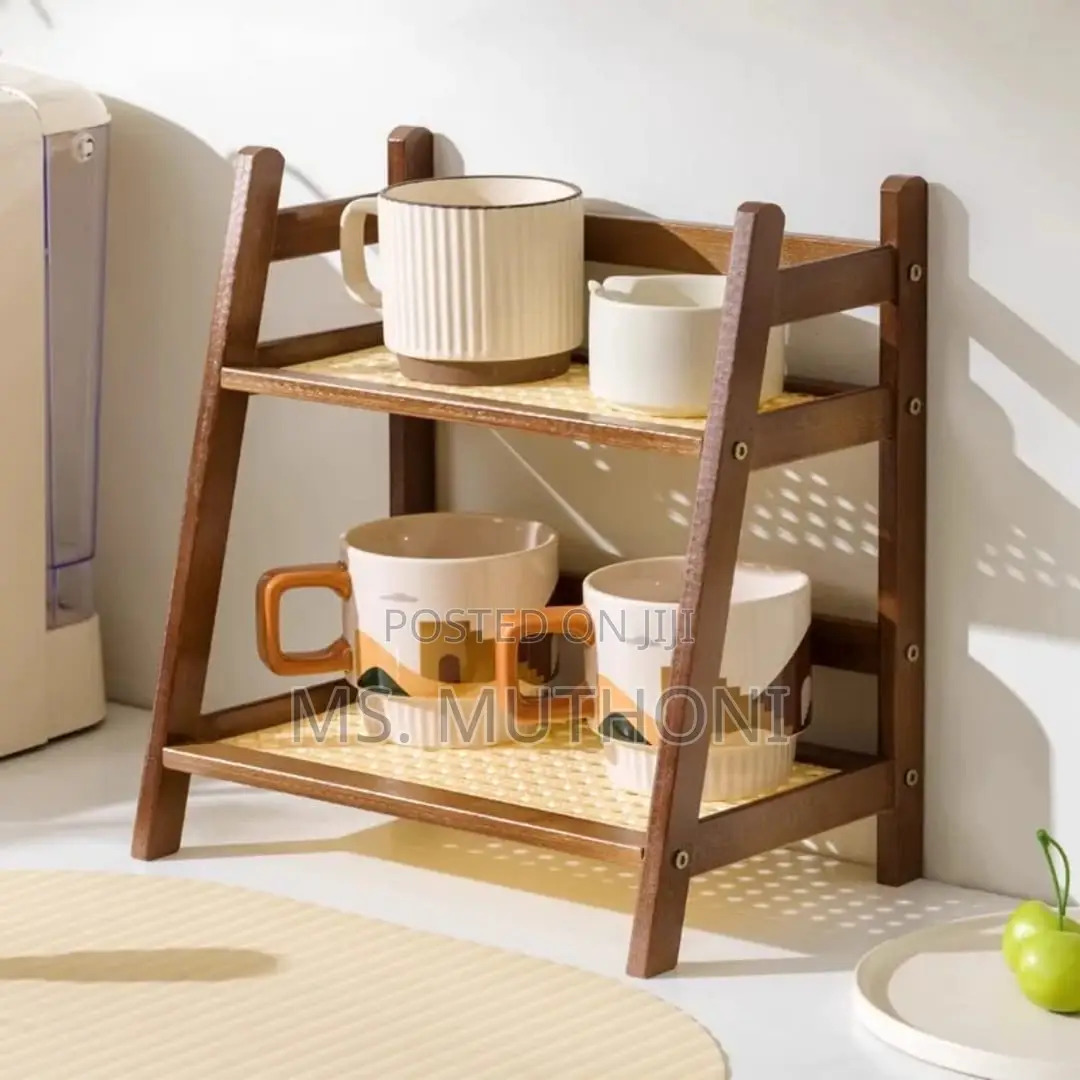 Aesthetic Two-Tier Wooden Organizer Shelf With a Woven Rattan Design