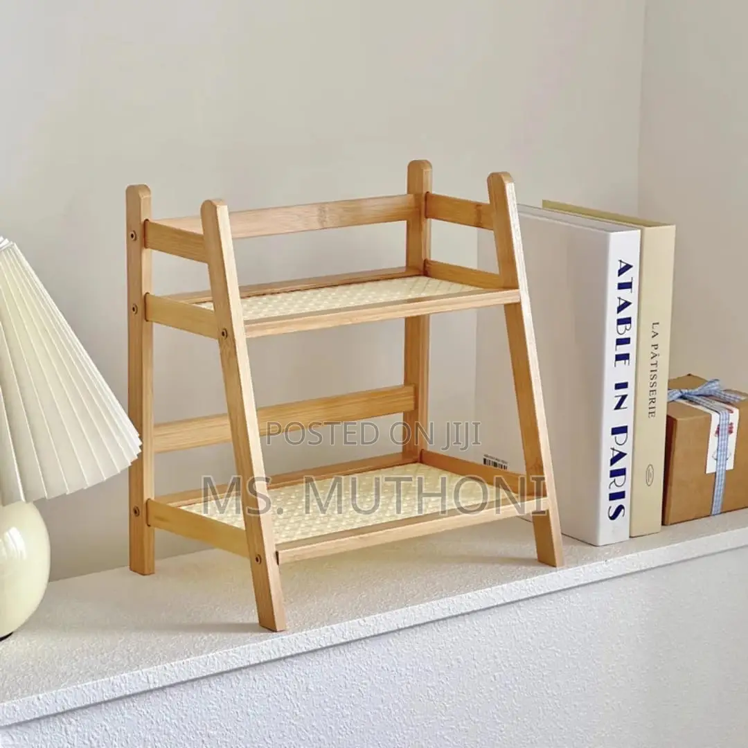 Aesthetic Two-Tier Wooden Organizer Shelf With a Woven Rattan Design
