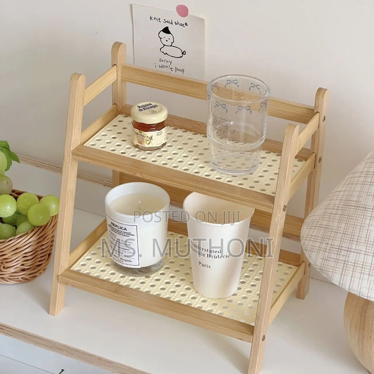 Aesthetic Two-Tier Wooden Organizer Shelf With a Woven Rattan Design