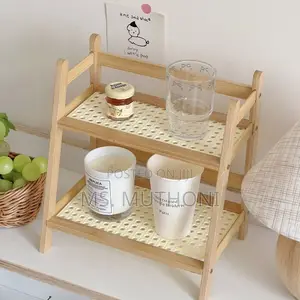 Aesthetic Two-Tier Wooden Organizer Shelf With a Woven Rattan Design